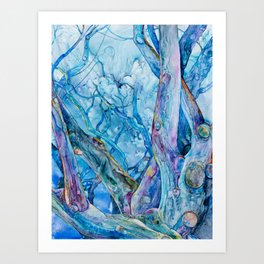 Branching Out in Blue - Wooded Grove of Trees in Blue and Purple Watercolor on Yupo Art Print