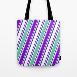 [ Thumbnail: Aquamarine, Dark Violet, and Mint Cream Colored Stripes/Lines Pattern Tote Bag ]