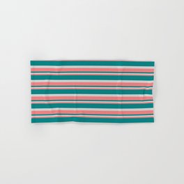 [ Thumbnail: Light Coral, Teal, and Light Grey Colored Lined/Striped Pattern Hand & Bath Towel ]