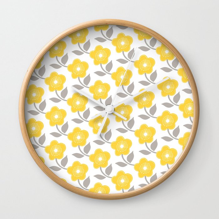 Yellow Grey White All Over Flower Pattern Wall Clock