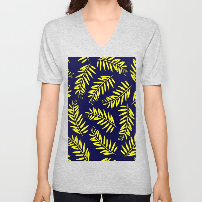  Blue & Yellow Color Leaves Pattern V Neck T Shirt