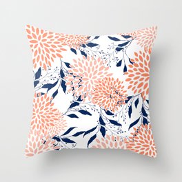 Floral Prints and Leaves, White, Coral and Navy Throw Pillow