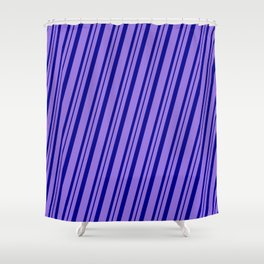 [ Thumbnail: Purple & Dark Blue Colored Pattern of Stripes Shower Curtain ]