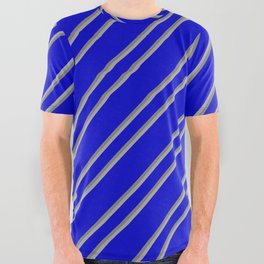 [ Thumbnail: Blue, Grey, and Dark Grey Colored Pattern of Stripes All Over Graphic Tee ]