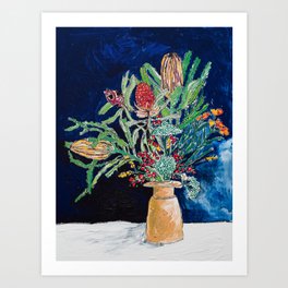 Yellow and Red Australian Wildflower Bouquet in Pottery Vase on Navy, Original Still Life Painting Art Print