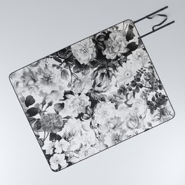 Black gray modern watercolor roses floral pattern Picnic Blanket