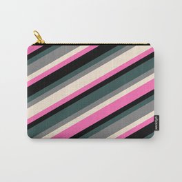 [ Thumbnail: Eye-catching Dark Slate Gray, Grey, Beige, Hot Pink, and Black Colored Lined/Striped Pattern Carry-All Pouch ]