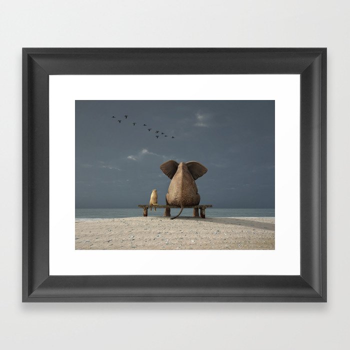 elephant and dog sit on a beach Framed Art Print