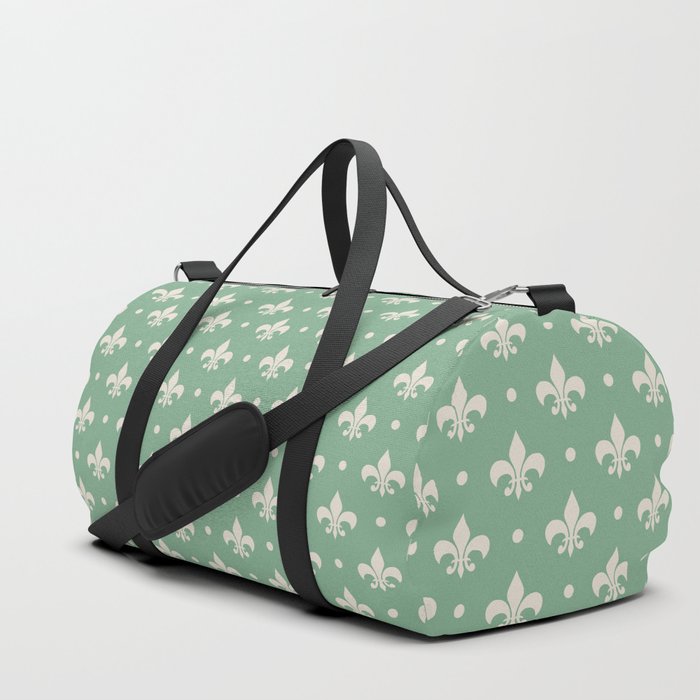 Silver Fleur De Lis pattern on green background Duffle Bag