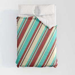 [ Thumbnail: Brown, Light Yellow, and Turquoise Colored Lined Pattern Comforter ]