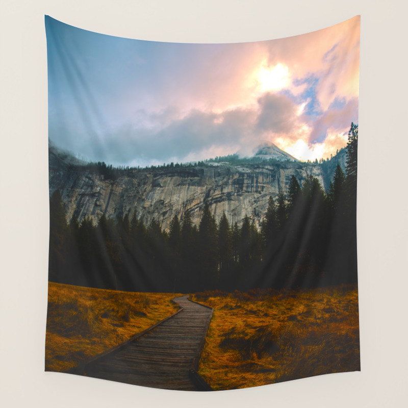 Path Leading To Mountain Paradise Mountain Snow Capped Pine Trees Tall Grass Sunrise Landscape Wall Tapestry By Enshape Society6