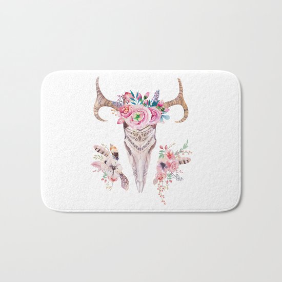 Deer skull with feathers and flowers Bath Mat