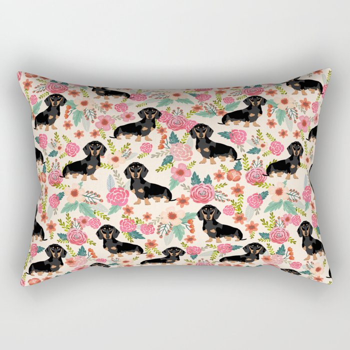 Doxie Florals - vintage doxie and florals gifts for dog lovers, dachshund decor, black and tan doxie Rectangular Pillow
