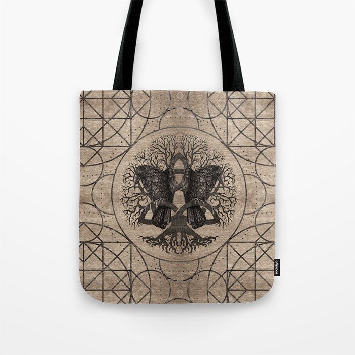 Tree of life - with ravens wooden texture Tote Bag