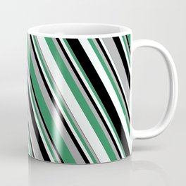 [ Thumbnail: Dark Gray, Sea Green, Mint Cream, and Black Colored Stripes/Lines Pattern Coffee Mug ]