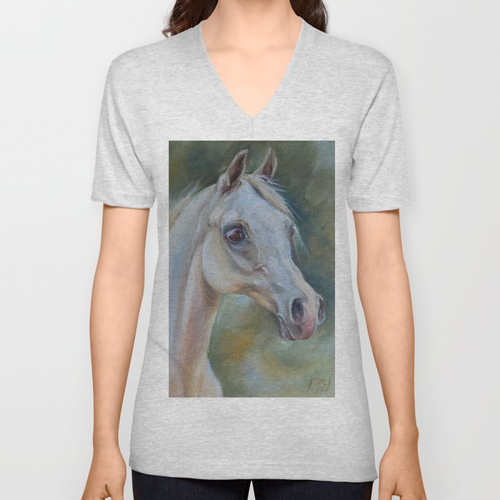 Gray Arabian Horse portrait Arab Horse head oil painting V Neck T Shirt