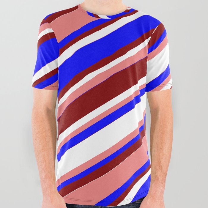 Light Coral, Blue, Maroon, and White Colored Stripes Pattern All Over Graphic Tee