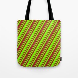 [ Thumbnail: Chartreuse and Brown Colored Stripes/Lines Pattern Tote Bag ]
