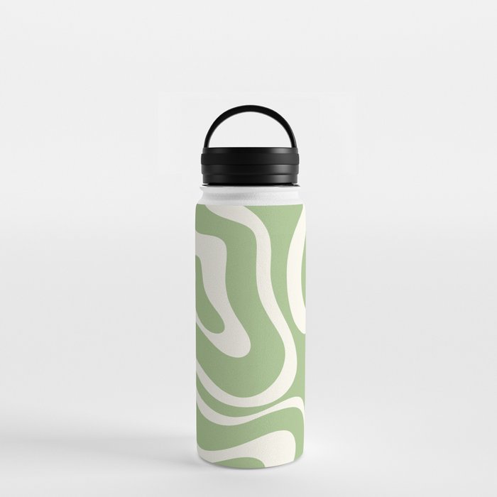Modern Liquid Swirl Abstract Pattern in Light Sage Green and Cream Water Bottle