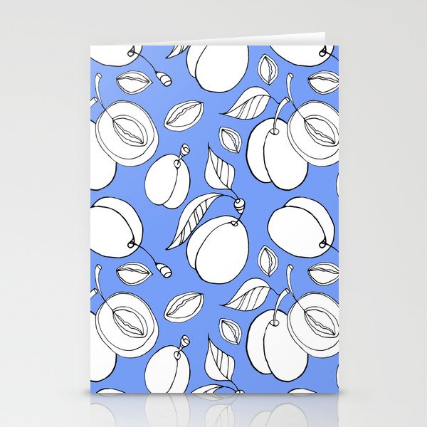 White plum pattern on a blue background. Linear drawing. Stationery Cards