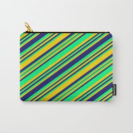 [ Thumbnail: Midnight Blue, Green, and Yellow Colored Lines/Stripes Pattern Carry-All Pouch ]