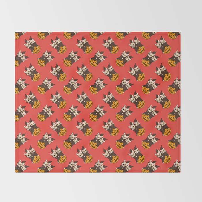 Cute Frenchie And Kitten Are Halloween Buddies Throw Blanket By
