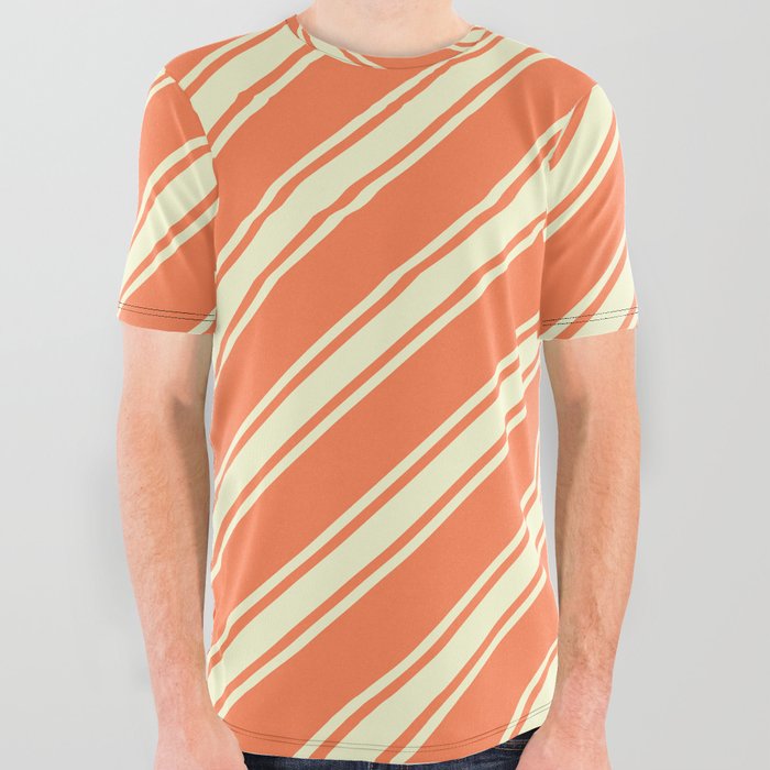 Coral and Light Yellow Colored Stripes/Lines Pattern All Over Graphic Tee