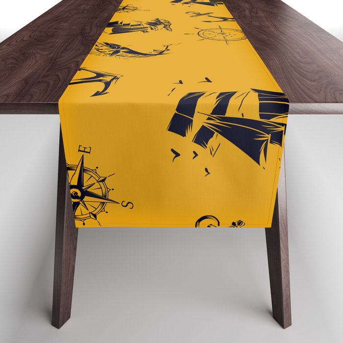 Mustard And Blue Silhouettes Of Vintage Nautical Pattern Table Runner