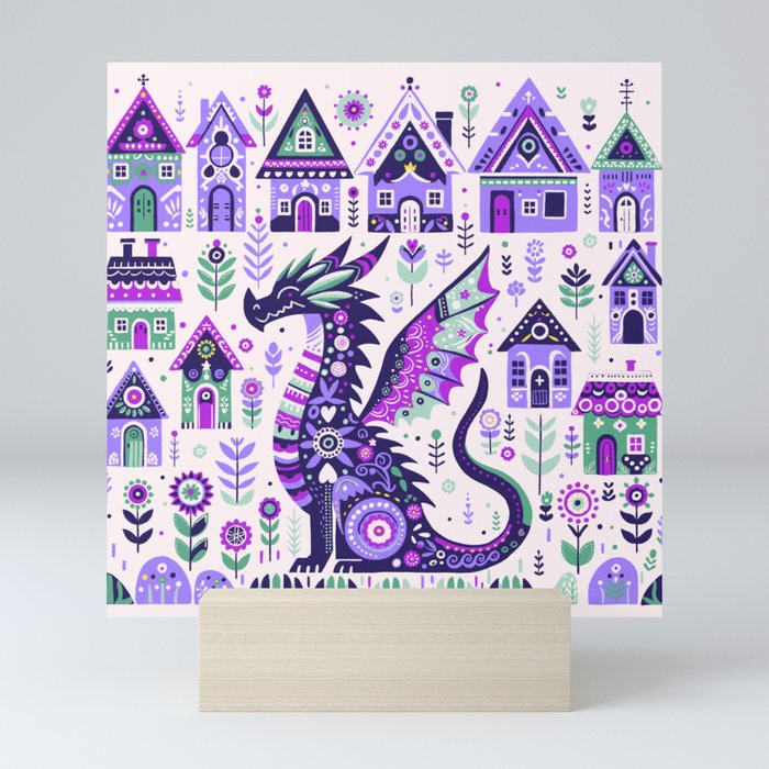 Mystical Dragon and Enchanted Cottages Mini Art Print