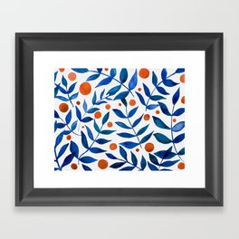 Watercolor berries and branches - blue and orange Framed Art Print