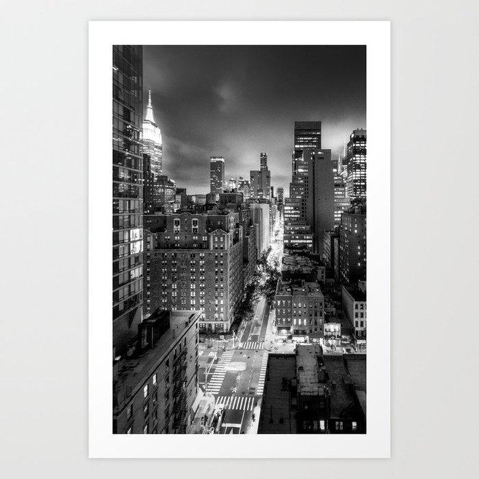 New York City At Night From The Rooftops - Black & White Art Print