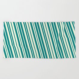 [ Thumbnail: Teal & Beige Colored Lined/Striped Pattern Beach Towel ]