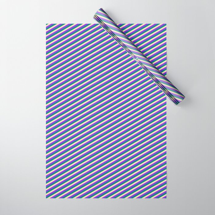 Purple, Teal, and Beige Colored Lined/Striped Pattern Wrapping Paper