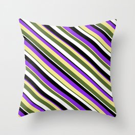[ Thumbnail: Vibrant Purple, Tan, Dark Olive Green, White & Black Colored Lined/Striped Pattern Throw Pillow ]