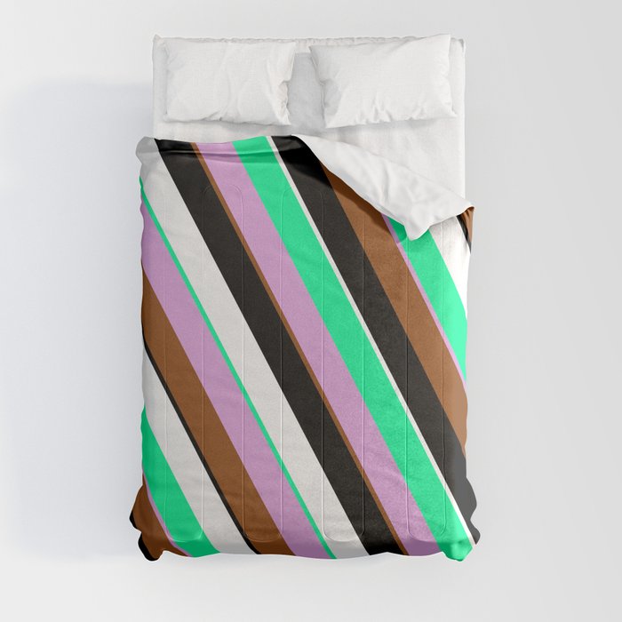 Green, Plum, Brown, Black, and White Colored Pattern of Stripes Comforter