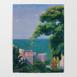Pink silk mimosa tree in Mediterranean seaside cityscape landscape painting by Edward Okun Poster
