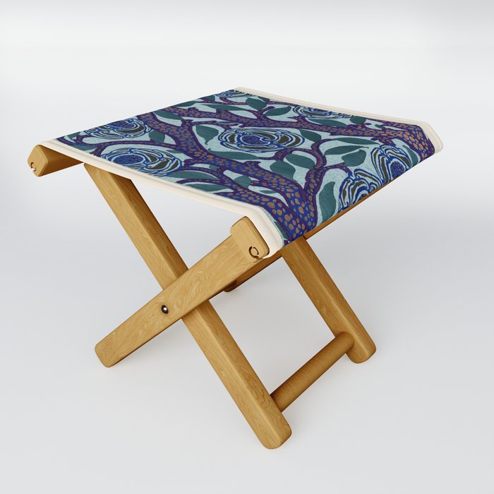 Vintage Blue Flower Market,Floral Abstract,Retro,nature,Botanical, Art Nouveau, Folding Stool