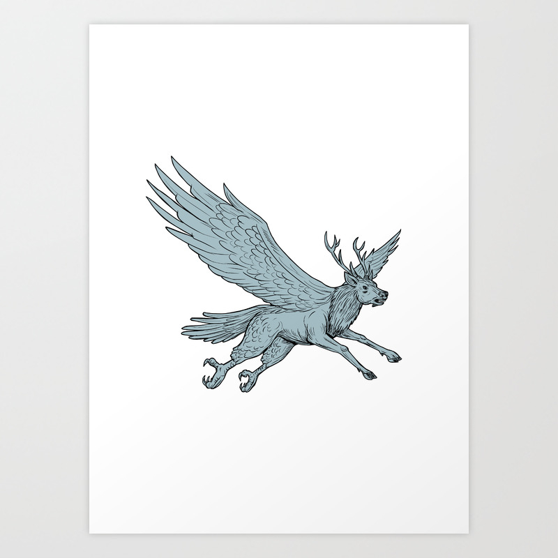 Peryton Flying Side Drawing Art Print By Patrimonio Society6