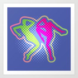 Colorful silhouettes of moving people in pop-art style on a blue background Art Print