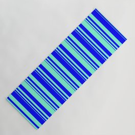 [ Thumbnail: Blue & Aquamarine Colored Striped Pattern Yoga Mat ]
