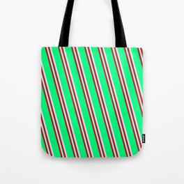 [ Thumbnail: Lavender, Red & Green Colored Striped Pattern Tote Bag ]