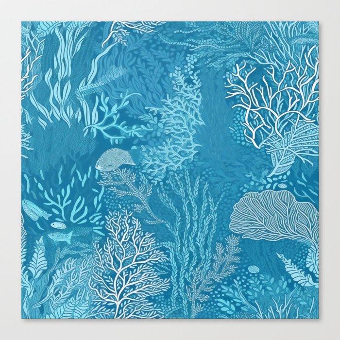 Underwater Flora and Fauna Blue Pattern Canvas Print