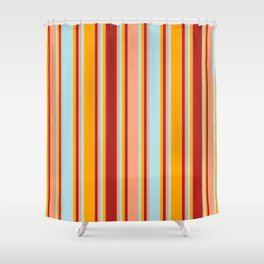 [ Thumbnail: Orange, Red, Light Salmon & Powder Blue Colored Stripes/Lines Pattern Shower Curtain ]
