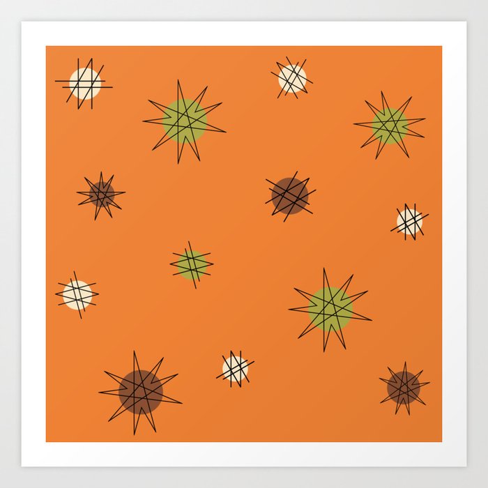Atomic Age Starburst Planets Orange Brown Green Art Print
