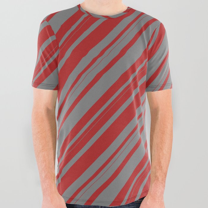 Red and Gray Colored Lines/Stripes Pattern All Over Graphic Tee
