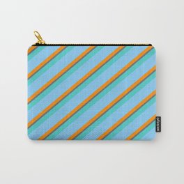 [ Thumbnail: Light Sky Blue, Dark Orange, Dim Grey & Turquoise Colored Striped Pattern Carry-All Pouch ]