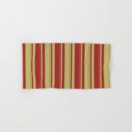 [ Thumbnail: Dark Khaki & Brown Colored Striped Pattern Hand & Bath Towel ]