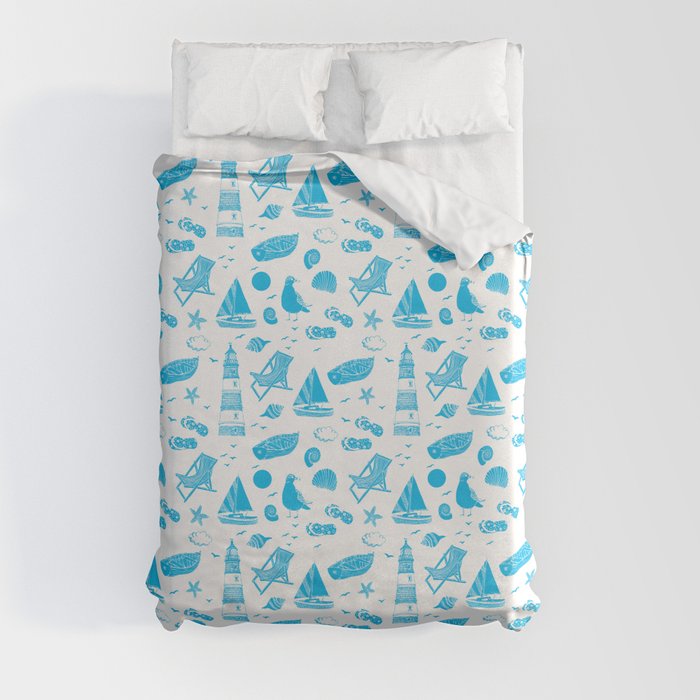 Turquoise Summer Beach Elements Pattern Duvet Cover
