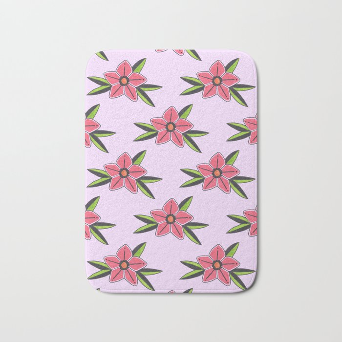 Old School Tattoo Flower Pattern In Lilac Bath Mat By Bettysue