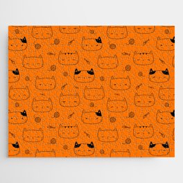 Orange and Black Doodle Kitten Faces Pattern Jigsaw Puzzle